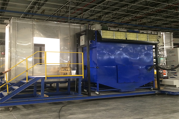 Custom industrial powder coating booth with roll-on roll-off design